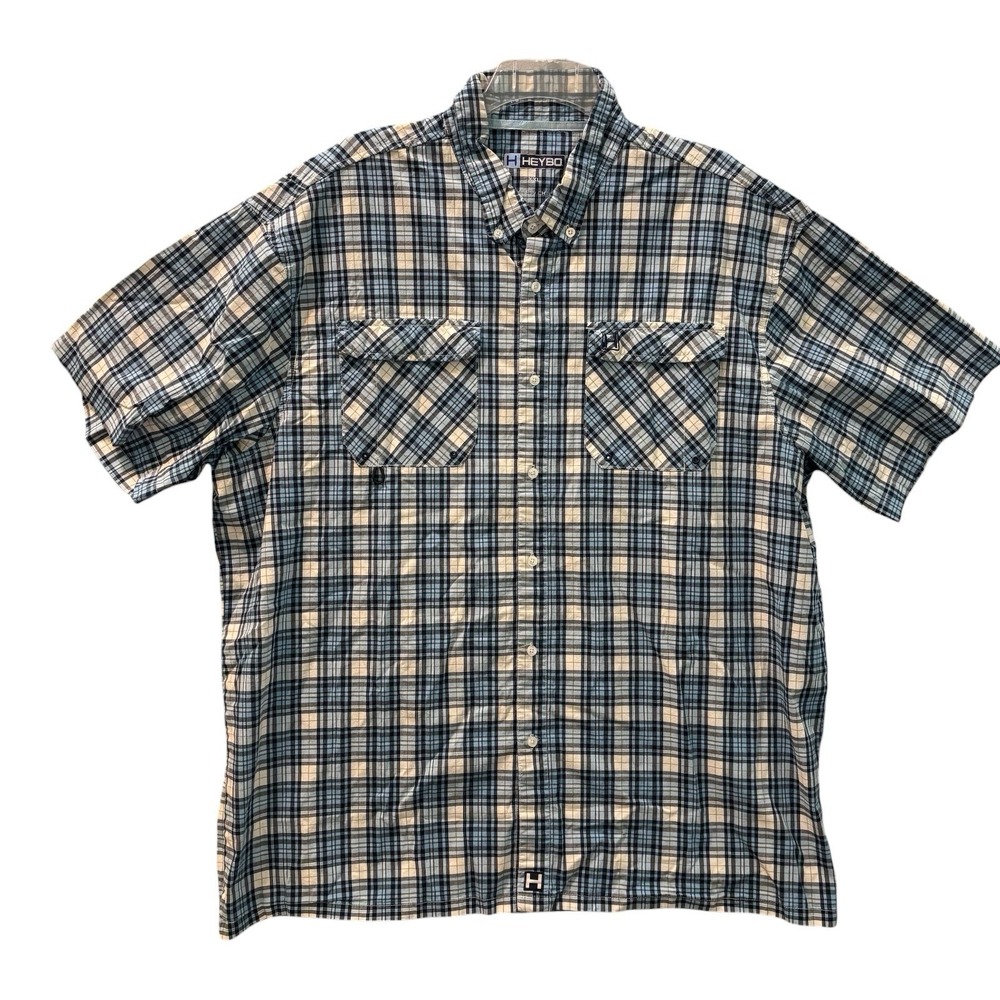 Heybo Plaid Fishing Shirt XXL Blue Short Sleeve Vented Button Up Performance